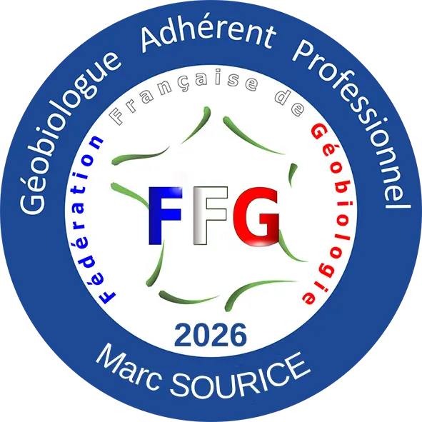 Logo d'adhérent professionnel 2026 à la Fédération Française de Géobiologie (FFG) de Marc Sourice, géobiologue à Oudon.
